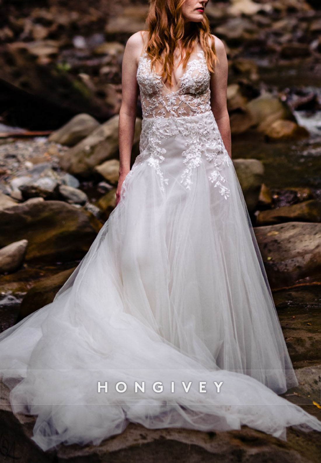 A-Line Tulle Low V-Neck Lace Spaghetti Straps Chapel Train Wedding Dresses