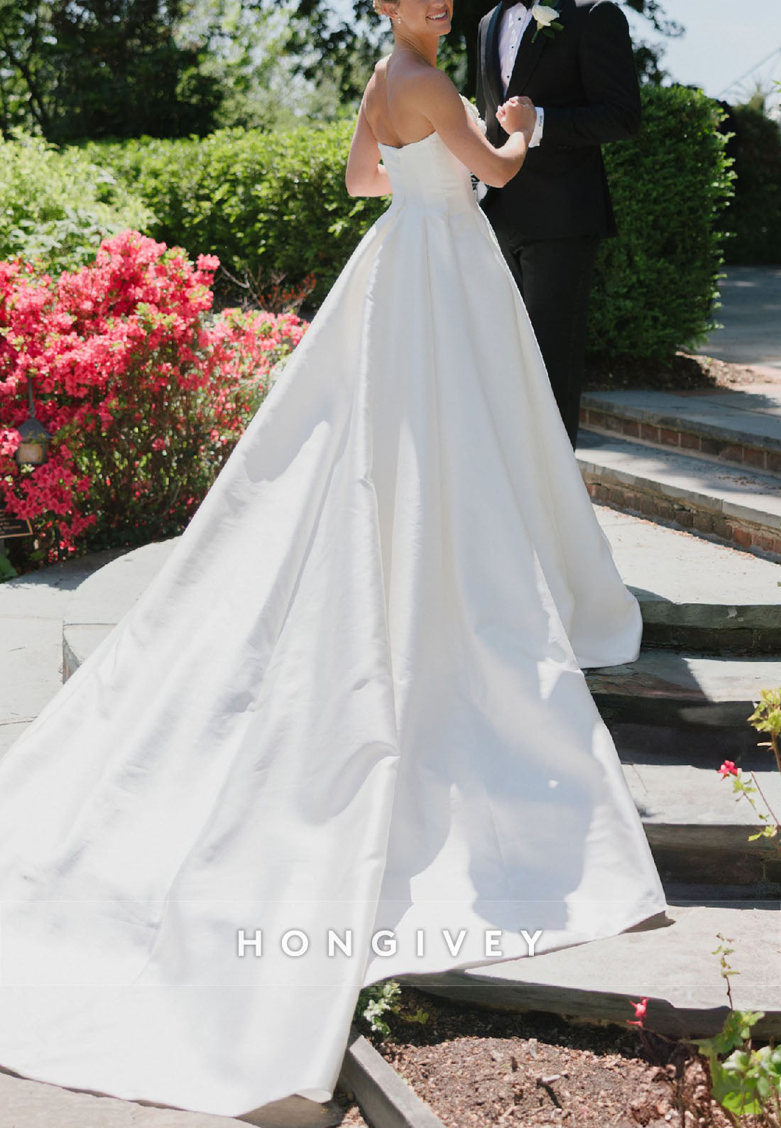 Simple A-Line Satin Strapless Chapel Train Pleated Wedding Dresses
