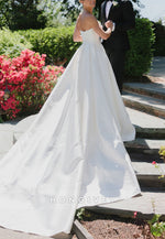 Simple A-Line Satin Strapless Chapel Train Pleated Wedding Dresses