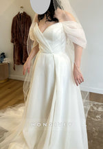 Off the Shoulder V Back A-Line Pleated Chapel Train Wedding Dresses with High Slit