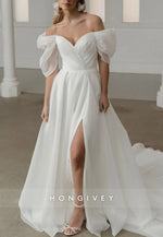 Off the Shoulder V Back A-Line Pleated Chapel Train Wedding Dresses with High Slit