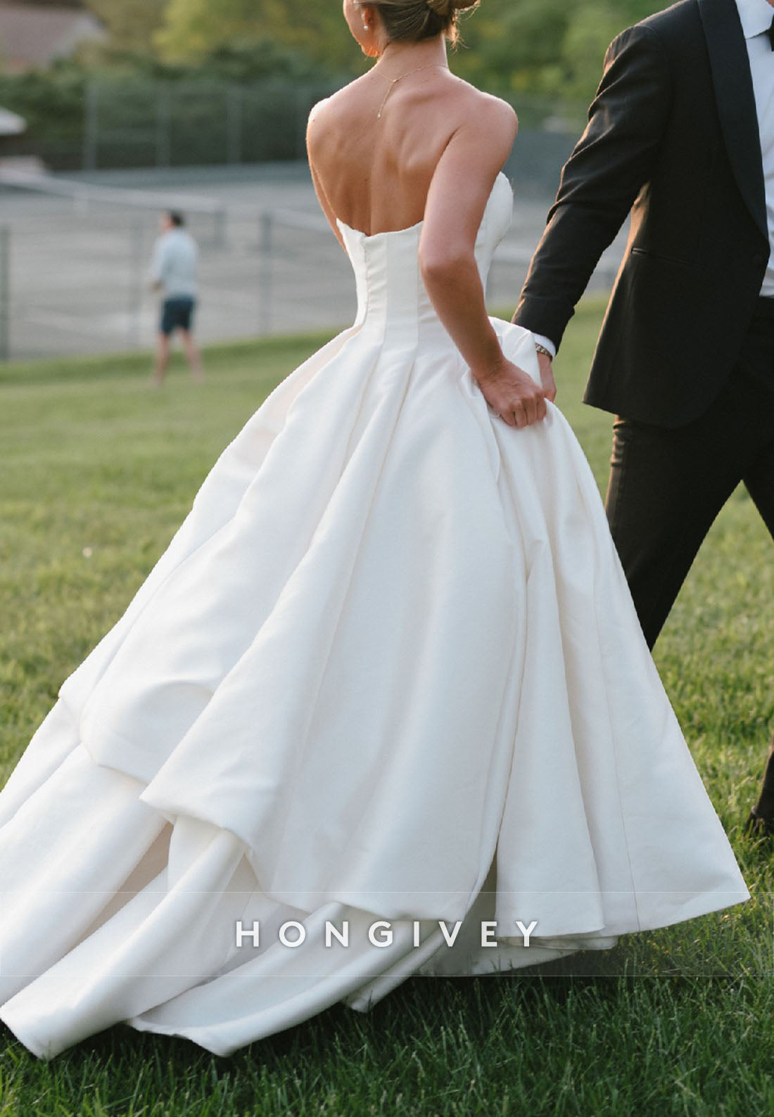 Simple A-Line Satin Strapless Chapel Train Pleated Wedding Dresses