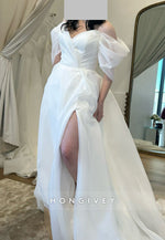 Off the Shoulder V Back A-Line Pleated Chapel Train Wedding Dresses with High Slit