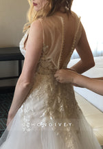 A-Line Tulle Low V-Neck Lace Spaghetti Straps Chapel Train Wedding Dresses