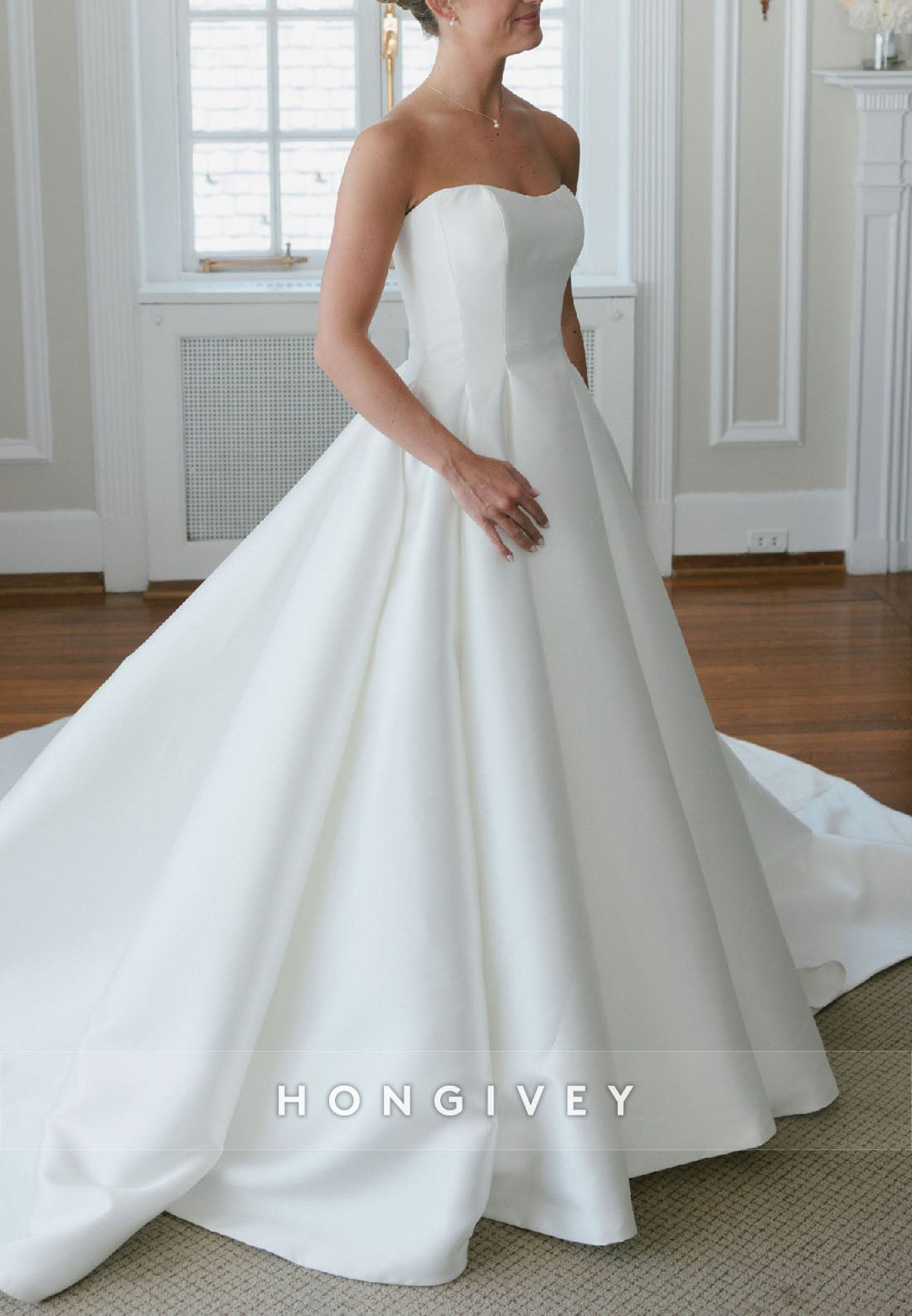 Simple A-Line Satin Strapless Chapel Train Pleated Wedding Dresses