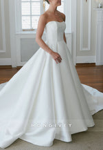 Simple A-Line Satin Strapless Chapel Train Pleated Wedding Dresses