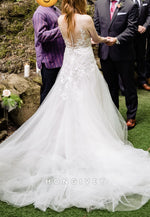 A-Line Tulle Low V-Neck Lace Spaghetti Straps Chapel Train Wedding Dresses