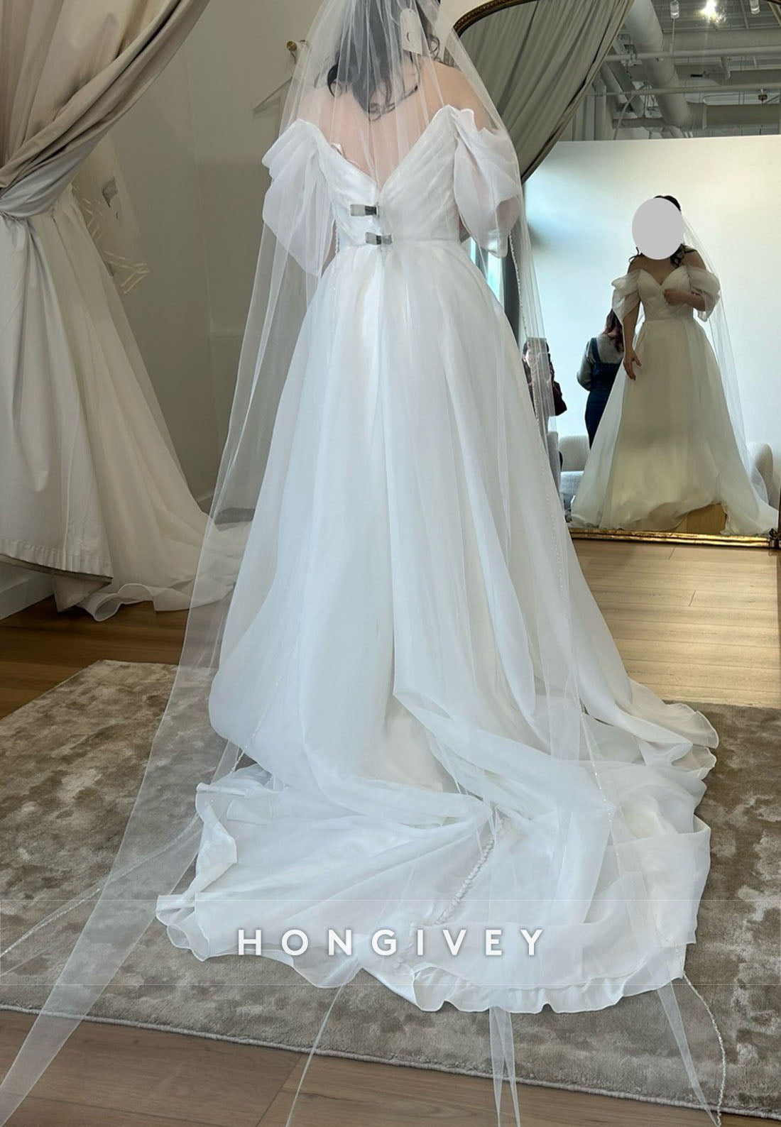 Off the Shoulder V Back A-Line Pleated Chapel Train Wedding Dresses with High Slit