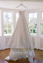 Simple A-Line Satin Strapless Chapel Train Pleated Wedding Dresses