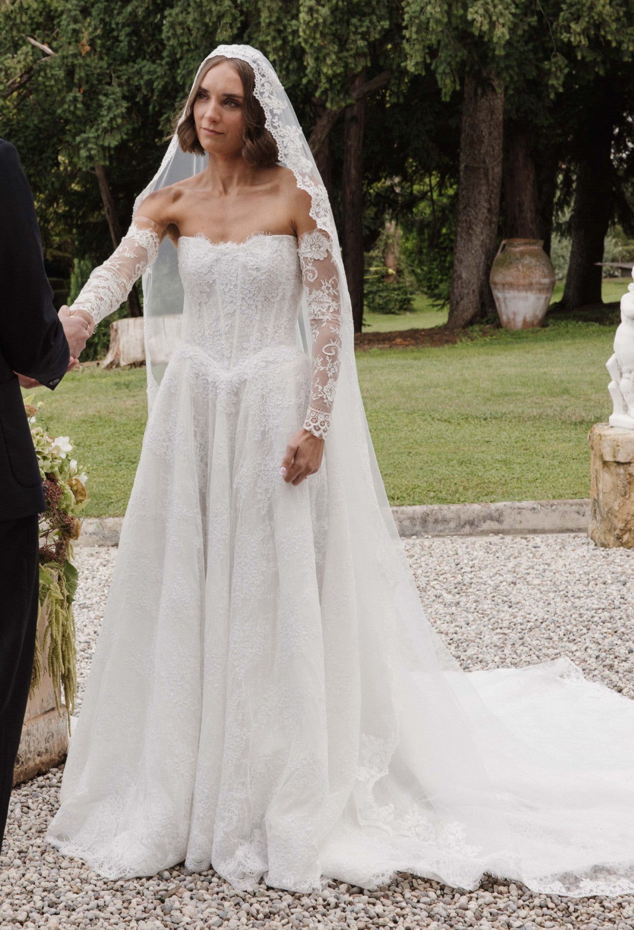Charming Long White A-line Lace Corset Wedding Dress with Long Sleeves