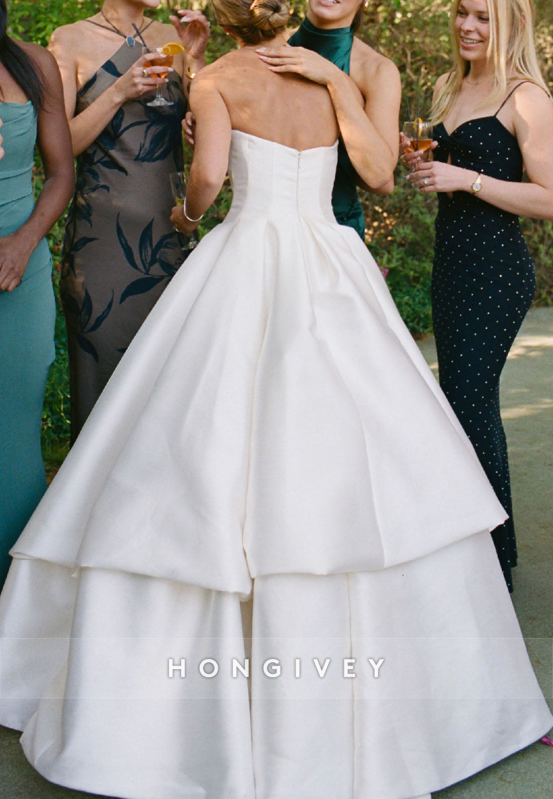 Simple A-Line Satin Strapless Chapel Train Pleated Wedding Dresses