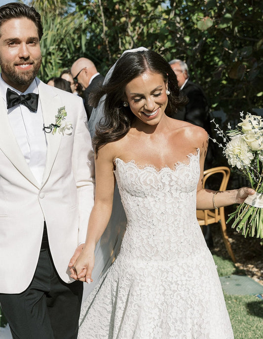 Designer Long White A-line Strapless Lace Sleeveless Wedding Dress