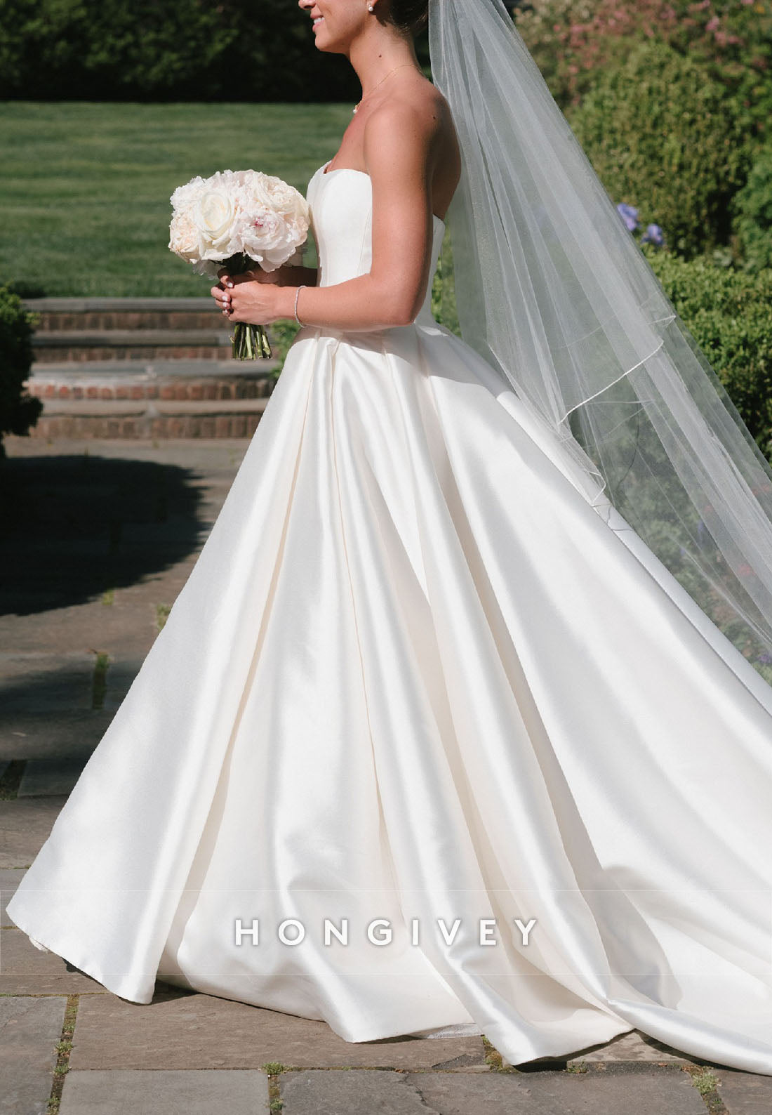 Simple A-Line Satin Strapless Chapel Train Pleated Wedding Dresses