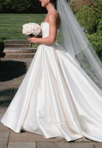 Simple A-Line Satin Strapless Chapel Train Pleated Wedding Dresses