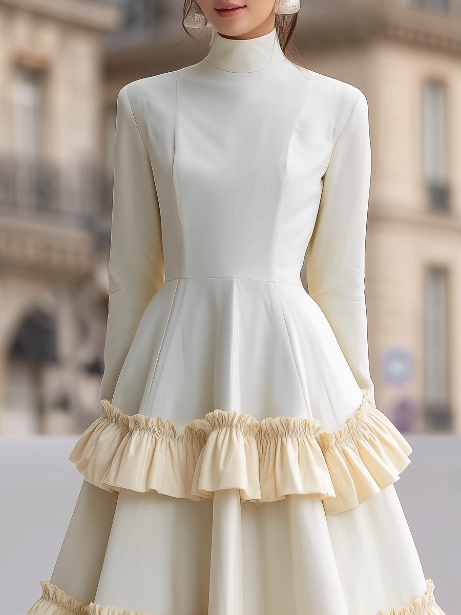 Tiered Ruffle Midi Evening Dress With High-Neck Silhouette