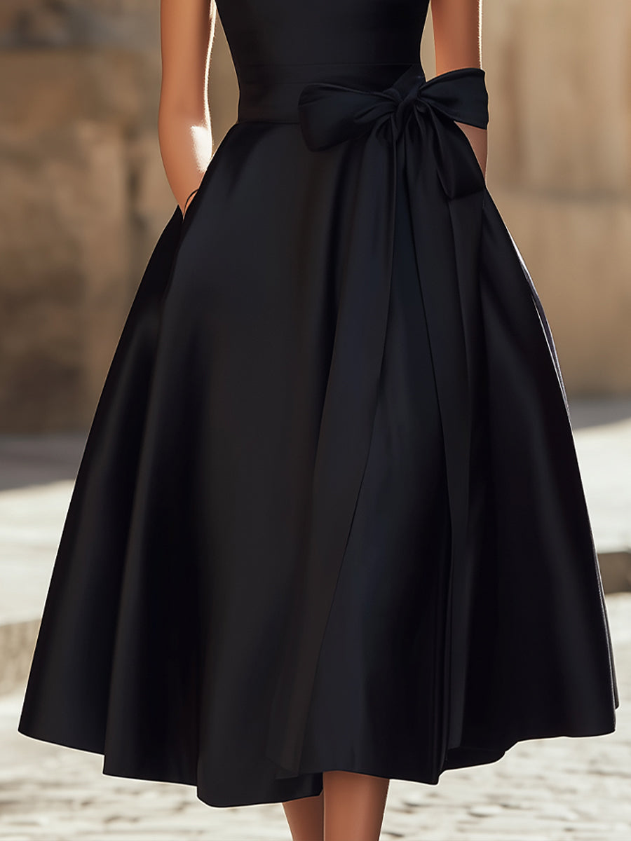 Elegance Boat-Neck A-Line Midi Wedding guest Dress With Oversized Side Bow