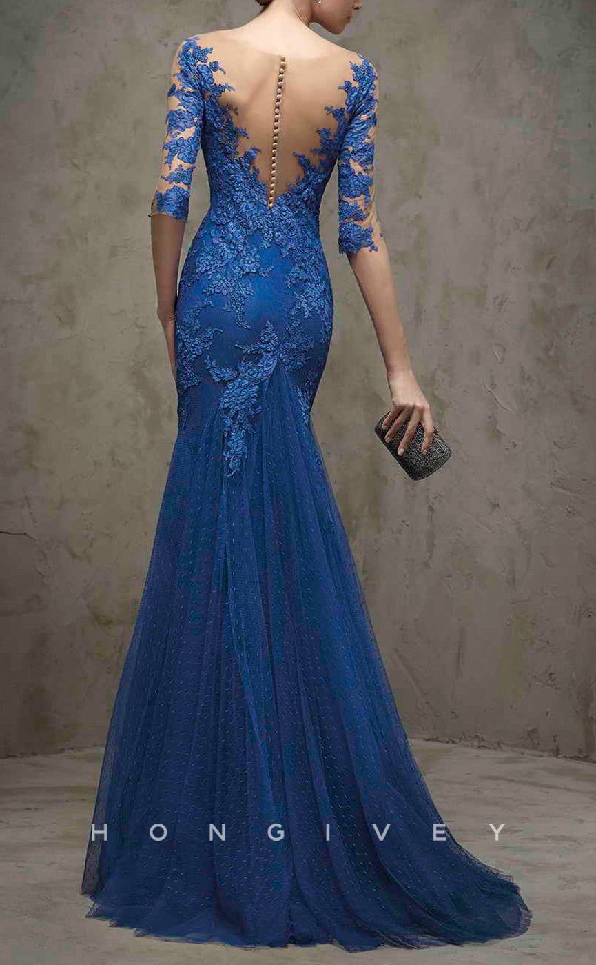 HM247 - Trumpet V-Neck 3/4 Sleeves Lace Applique Mother of the Bride Dress