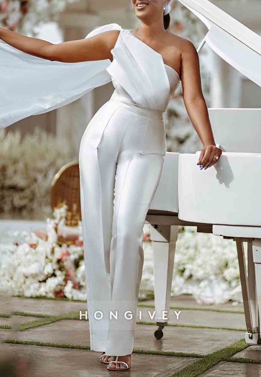 Jumpsuit One Shoulder Side Draping Ankle-Length Pleated Wedding Dresses