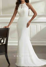 Halter Lace Sweep Train Cut out Back Sleeveless Mermaid Wedding Dresses