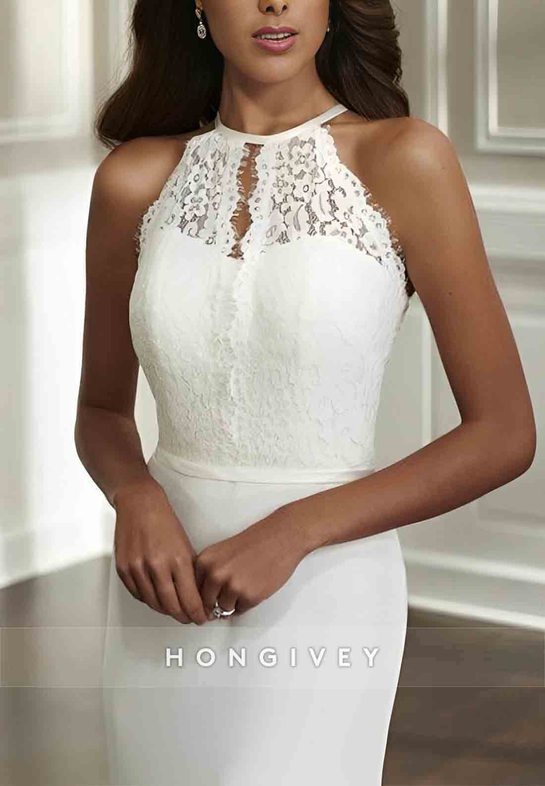 Halter Lace Sweep Train Cut out Back Sleeveless Mermaid Wedding Dresses