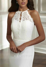 Halter Lace Sweep Train Cut out Back Sleeveless Mermaid Wedding Dresses