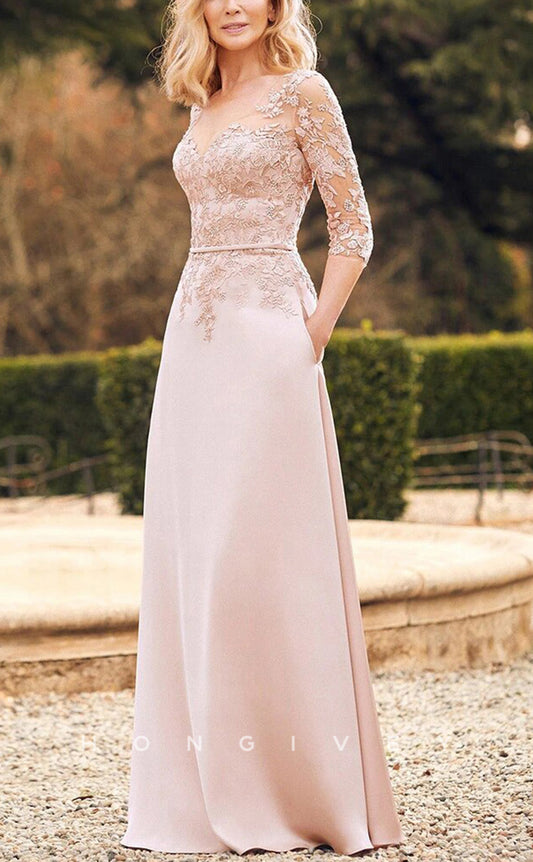 HM245 - Chic A-Line V-Neck 3/4 Sleeves Lace Applique With Pockets Mother of the Bride Dress