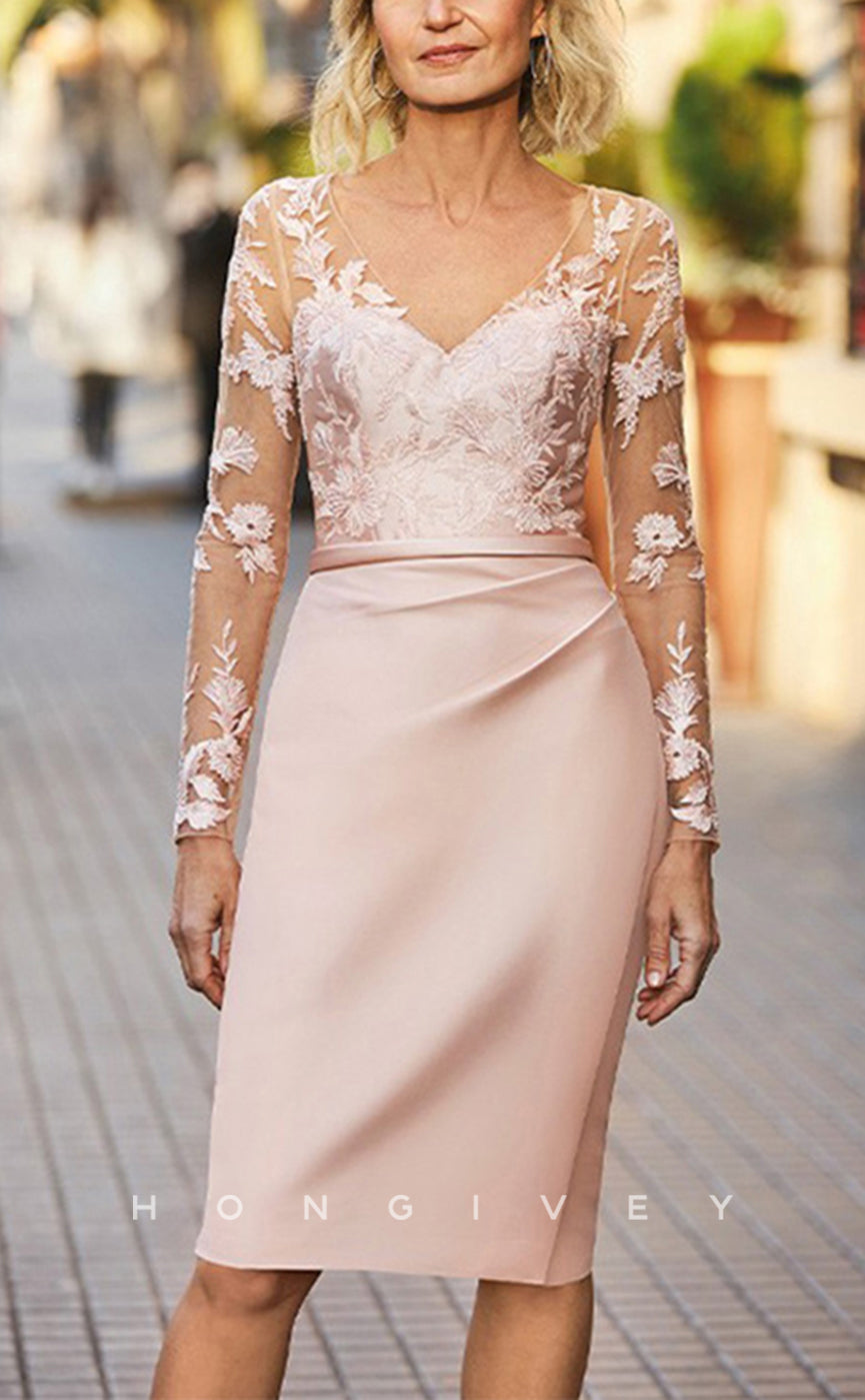 HM244 - V-Neck Long Sleeves Lace Applique Fitted Knee-Length Mother of the Bride Dress