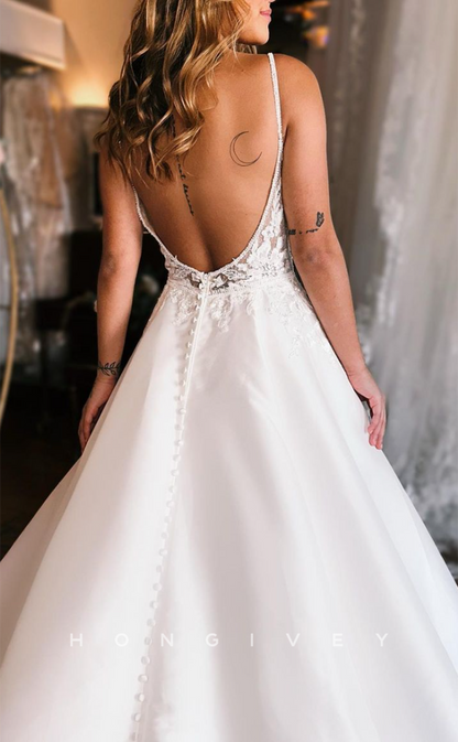 H1321 - Sexy A-Line Two Tone V-Neck Spaghetti Straps Empire Beaded Appliques With Train Wedding Dress