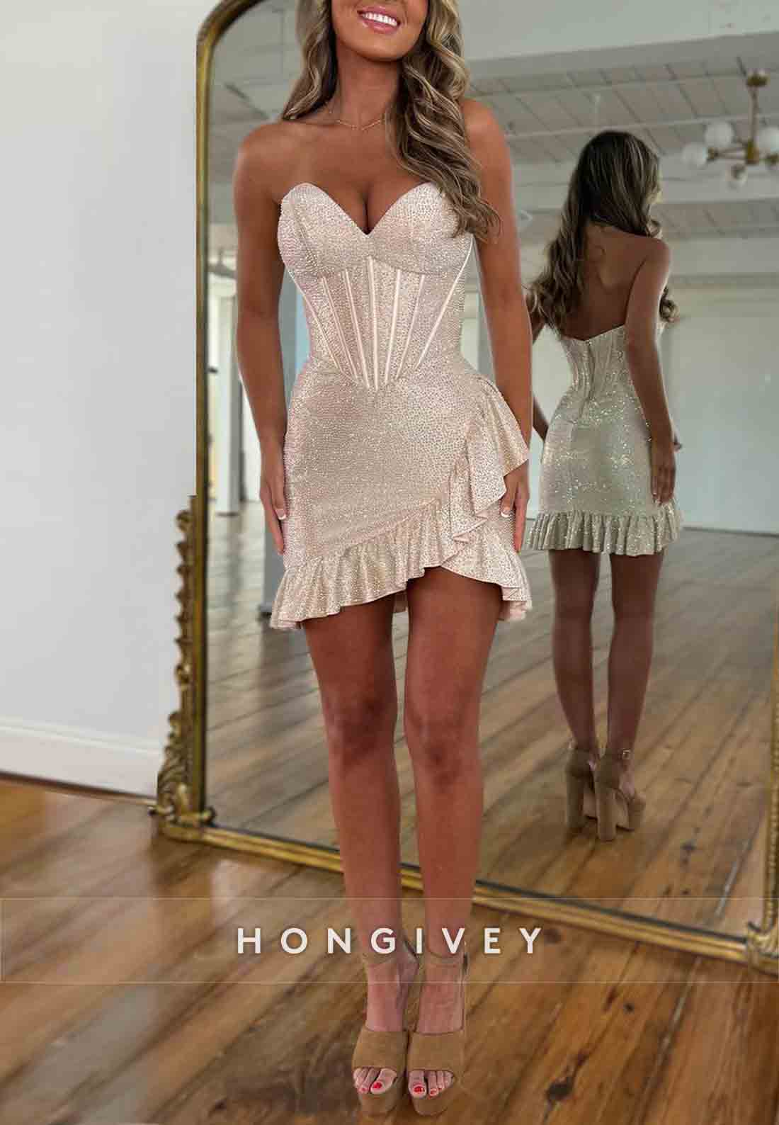 Sparkly Sheath Sweetheart Hot Strapless Short Homecoming Dress with Beading