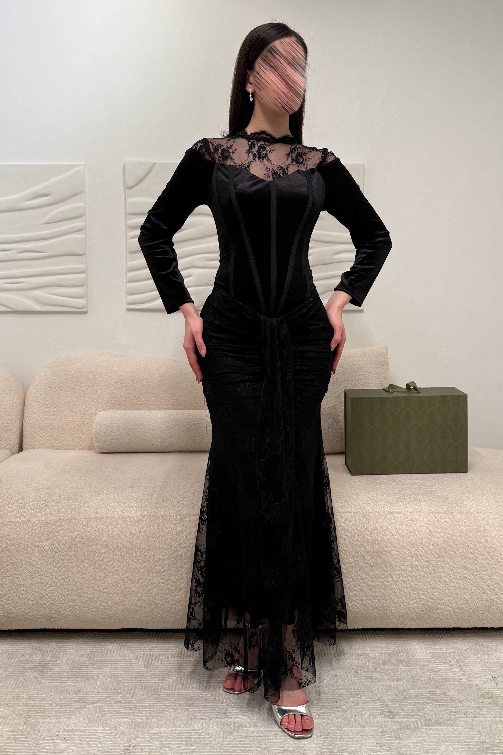 Lace O-Neck Black Long Sleeve Tulle Mermaid Ankle-Length Evening Dress