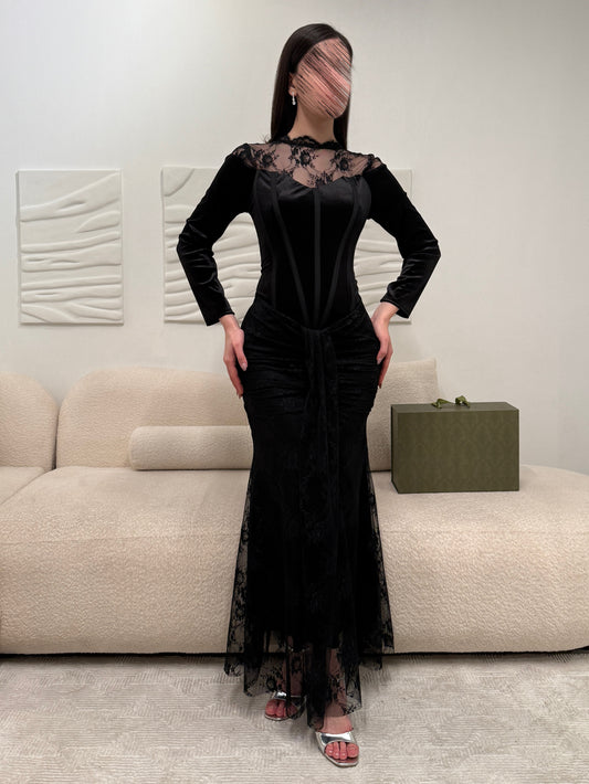 Lace O-Neck Black Long Sleeve Tulle Mermaid Ankle-Length Evening Dress