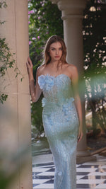 Fashion Blue Sweetheart Beaded Sparkle Sleeveless Mermiad Flowers Ankle-Length Prom Dress