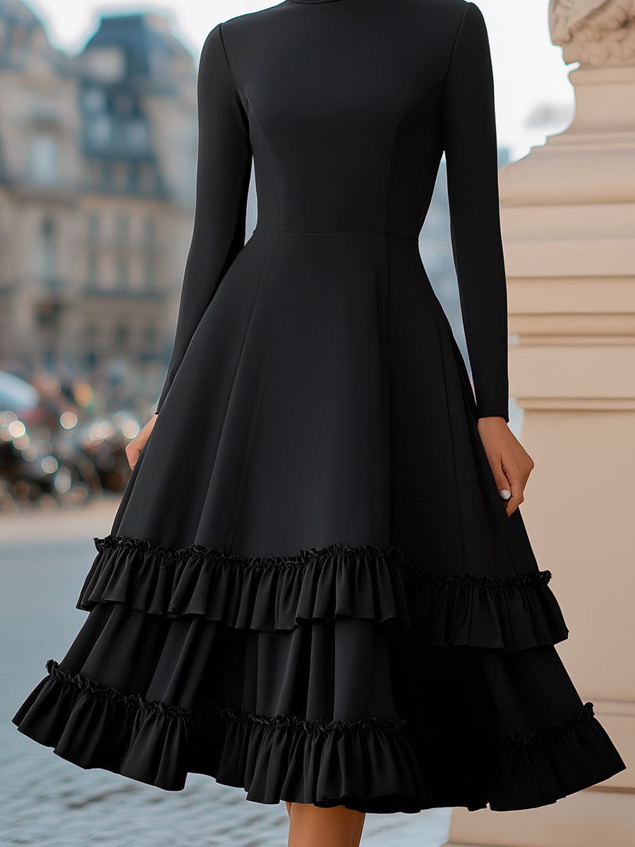 High-Neck A-Line Tiered Ruffle Midi Evening Dress