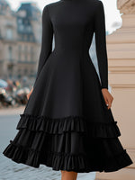 High-Neck A-Line Tiered Ruffle Midi Evening Dress