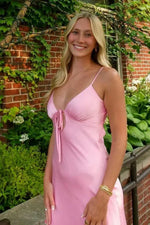 Simple Sheath Spaghetti Straps Pink Long Prom Dress with Keyhole