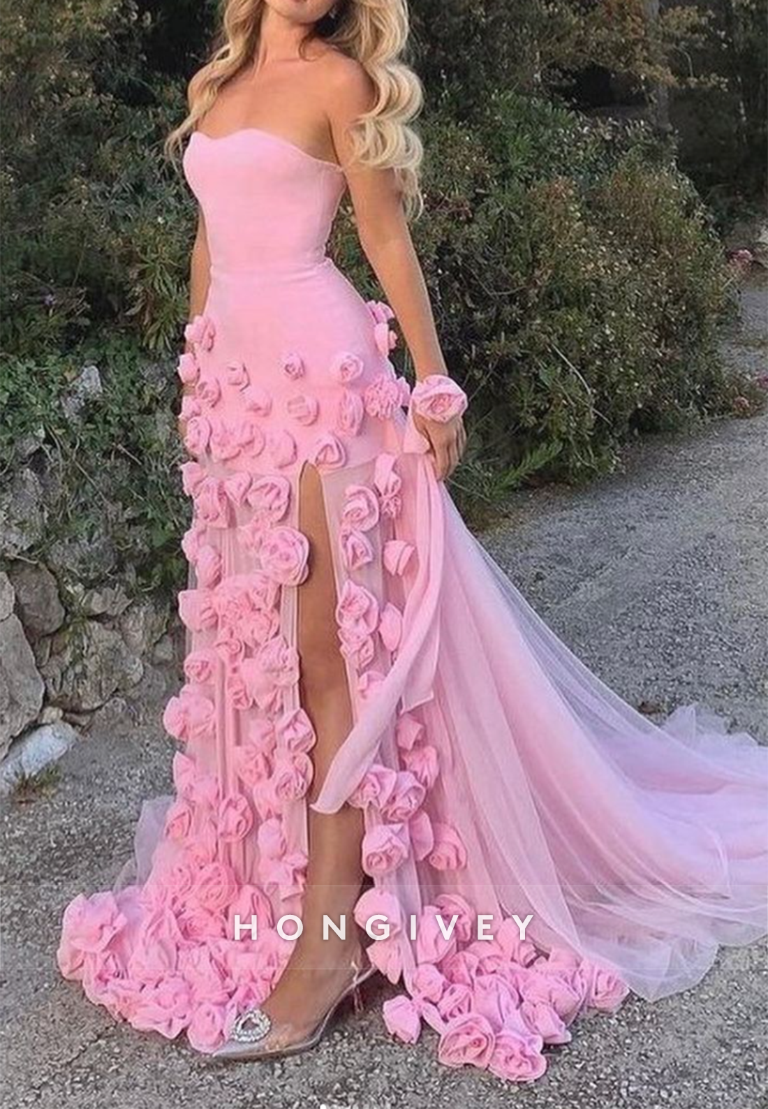 L2991 - Chic A-Line Sweetheart Strapless Floral Embossed Long Prom Dress