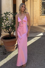 Simple Sheath Spaghetti Straps Pink Long Prom Dress with Keyhole