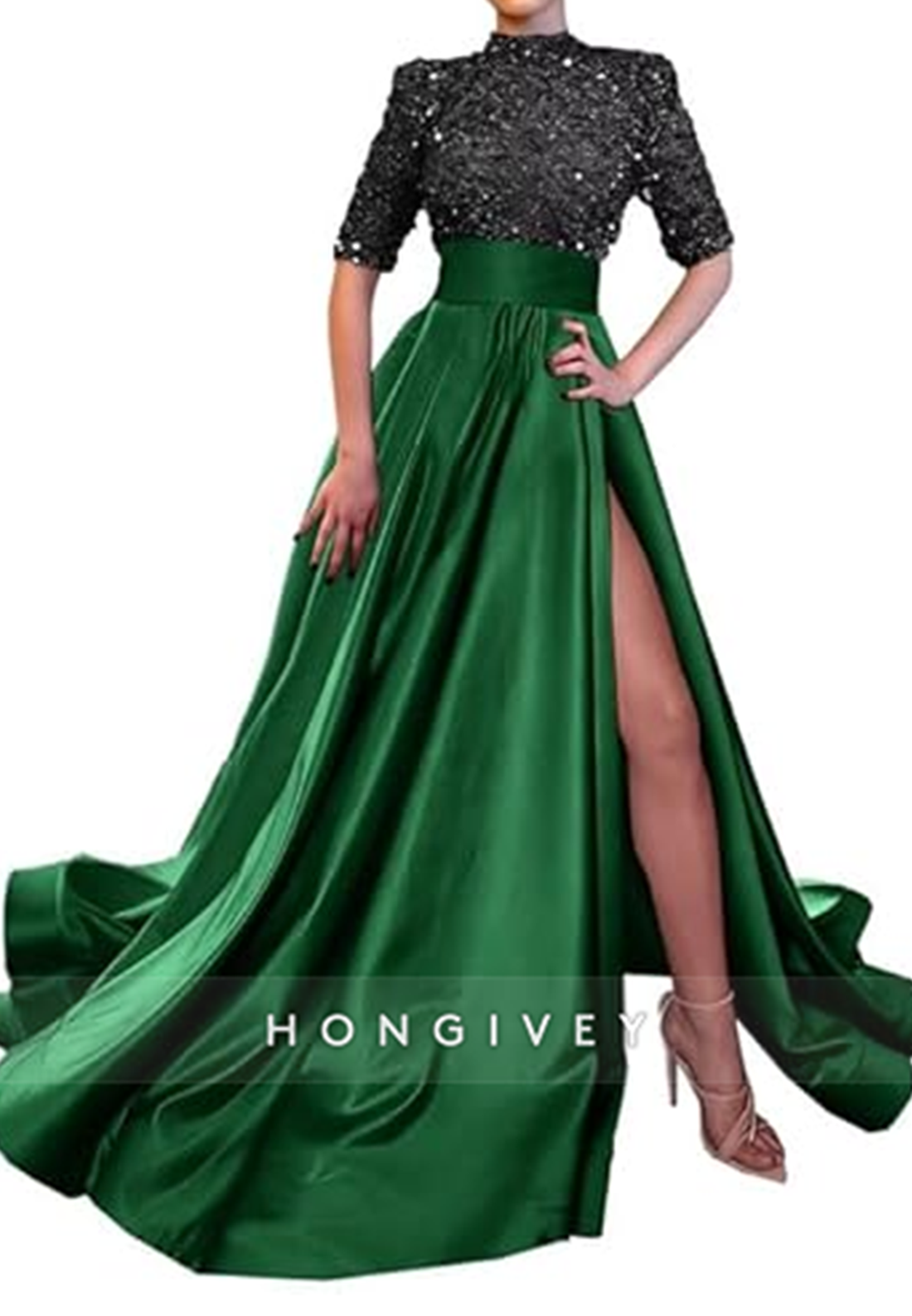 A-Line High Neck Half Sleeves Sequined With Side Slit Long Prom Dress