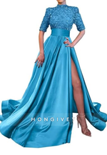 A-Line High Neck Half Sleeves Sequined With Side Slit Long Prom Dress