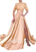 A-Line High Neck Half Sleeves Sequined With Side Slit Long Prom Dress