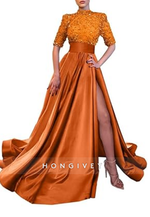 A-Line High Neck Half Sleeves Sequined With Side Slit Long Prom Dress