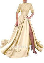 A-Line High Neck Half Sleeves Sequined With Side Slit Long Prom Dress