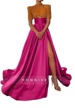 A-Line High Neck Half Sleeves Sequined With Side Slit Long Prom Dress