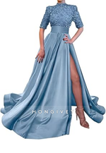 A-Line High Neck Half Sleeves Sequined With Side Slit Long Prom Dress