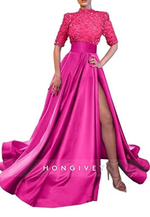 A-Line High Neck Half Sleeves Sequined With Side Slit Long Prom Dress