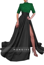 A-Line High Neck Half Sleeves Sequined With Side Slit Long Prom Dress