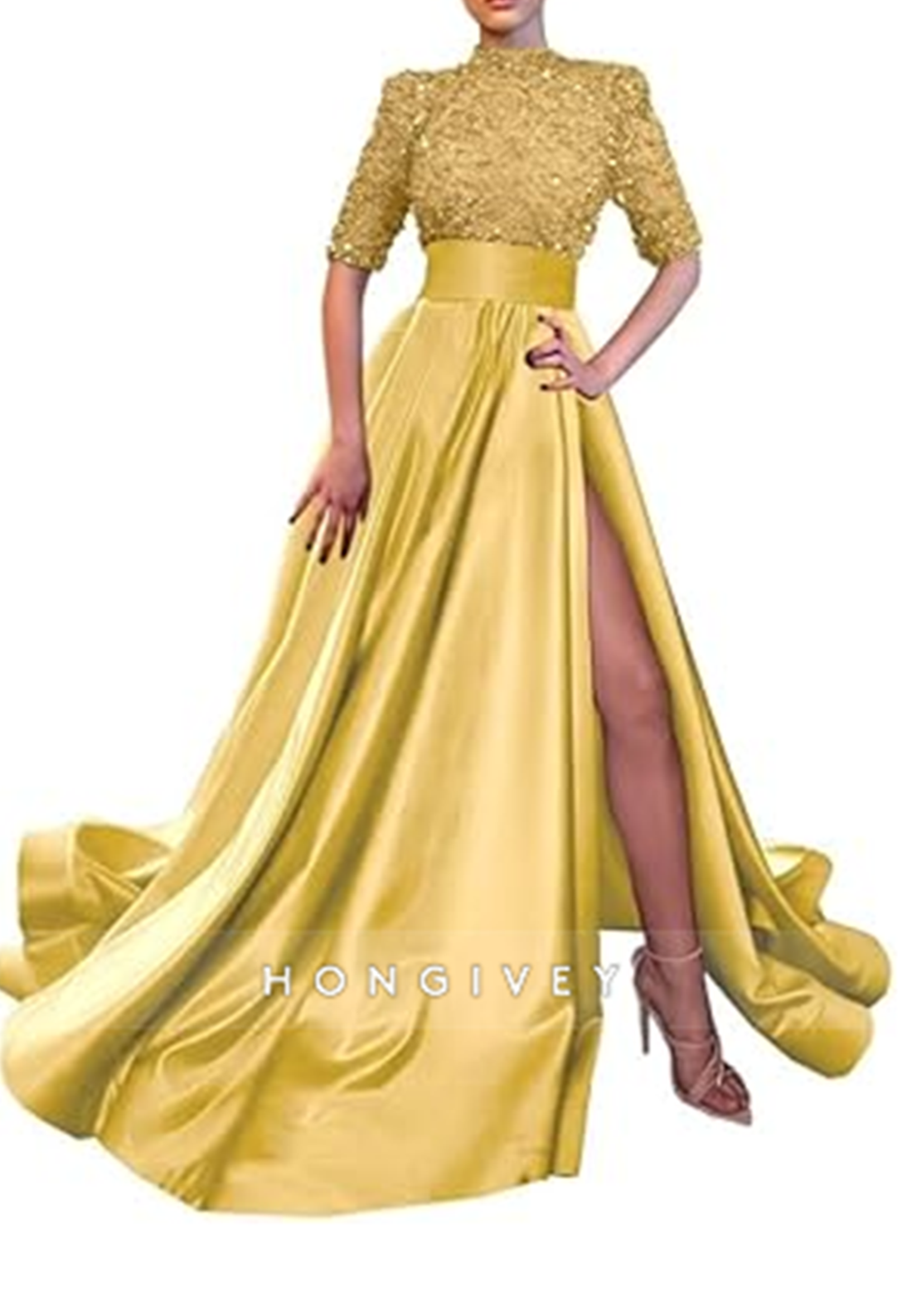 A-Line High Neck Half Sleeves Sequined With Side Slit Long Prom Dress