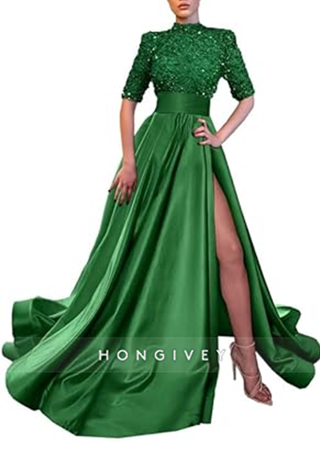 A-Line High Neck Half Sleeves Sequined With Side Slit Long Prom Dress