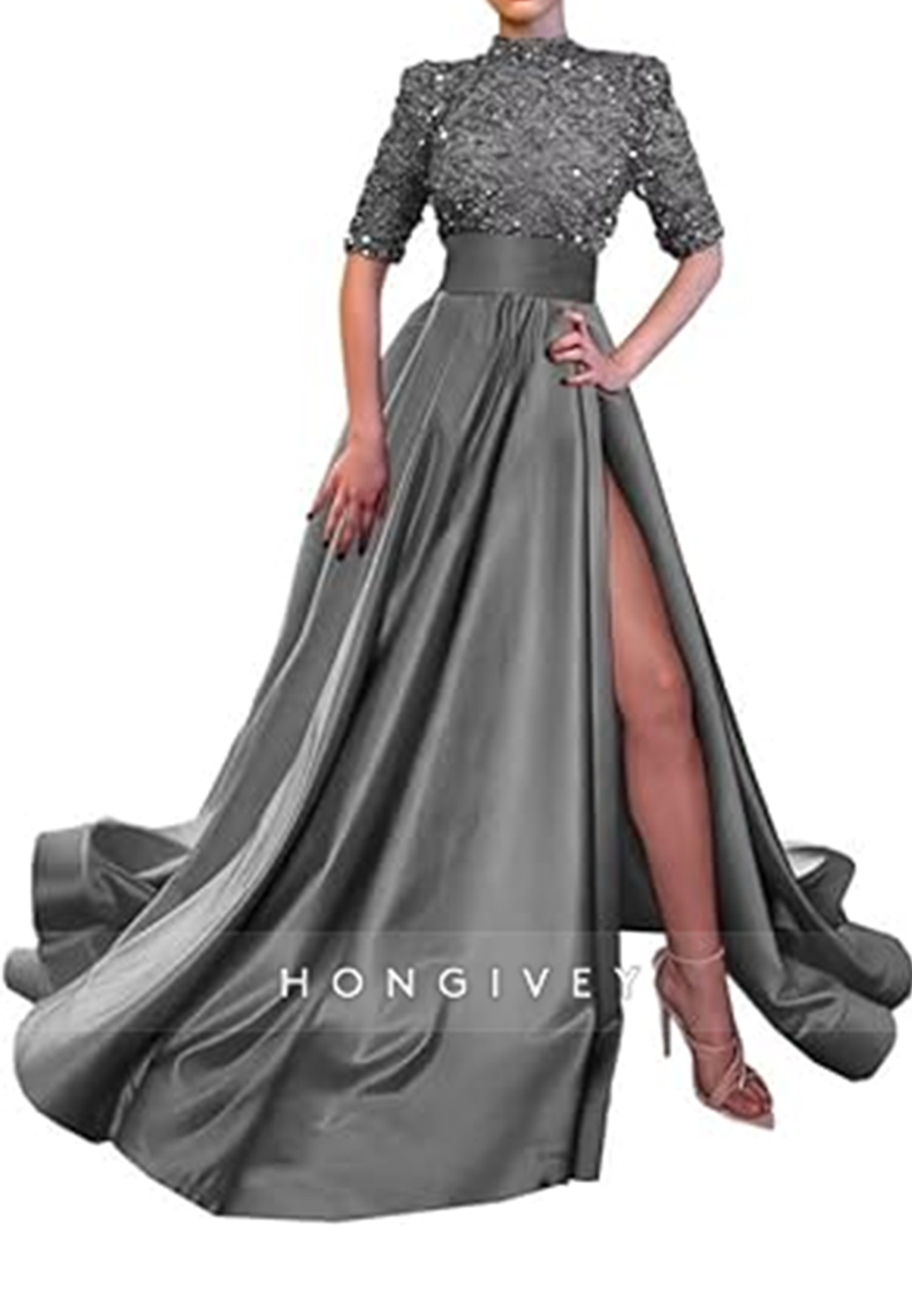 A-Line High Neck Half Sleeves Sequined With Side Slit Long Prom Dress