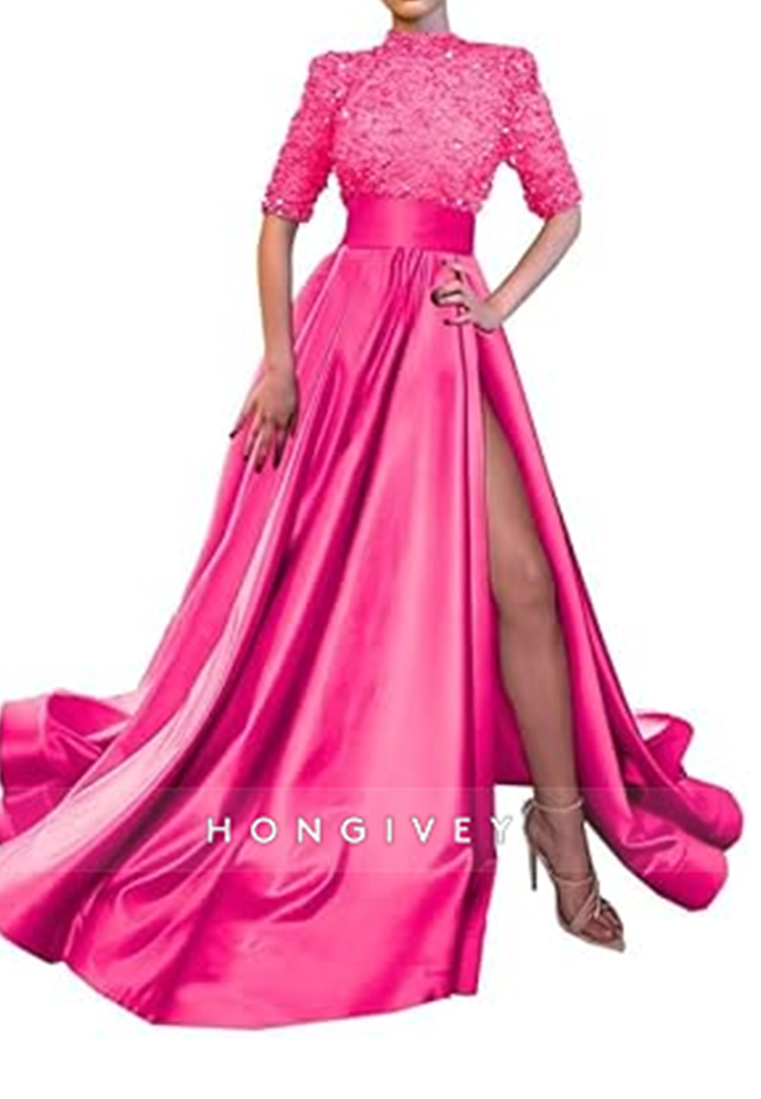 A-Line High Neck Half Sleeves Sequined With Side Slit Long Prom Dress